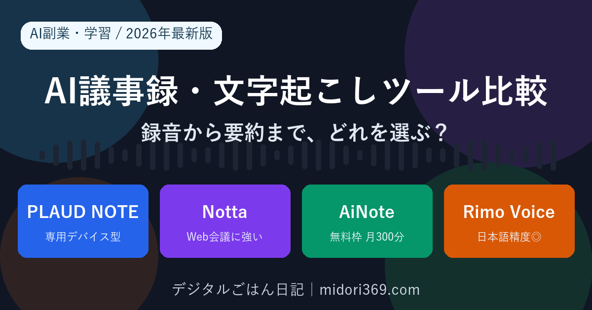AI議事録・文字起こしツール（PLAUD NOTE・Notta・AiNote・Rimo Voice）を2026年最新版で比較