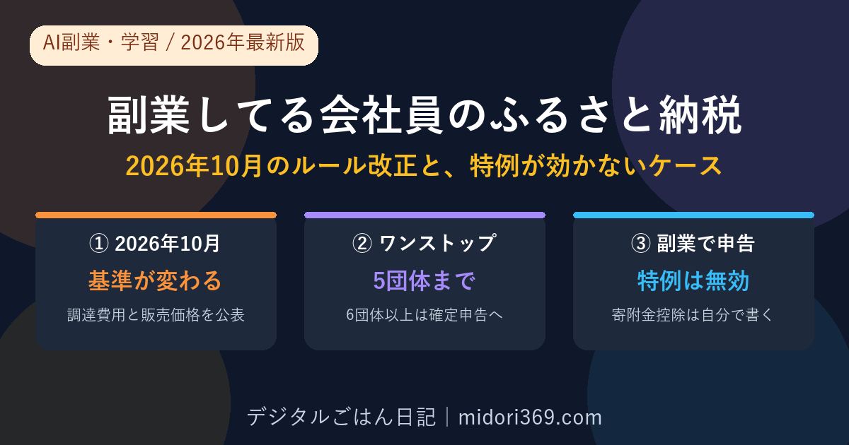 副業している会社員向けに2026年10月のふるさと納税ルール改正・ワンストップ特例の5団体上限・副業で確定申告する場合は特例が無効になることを示した2026年最新版の解説