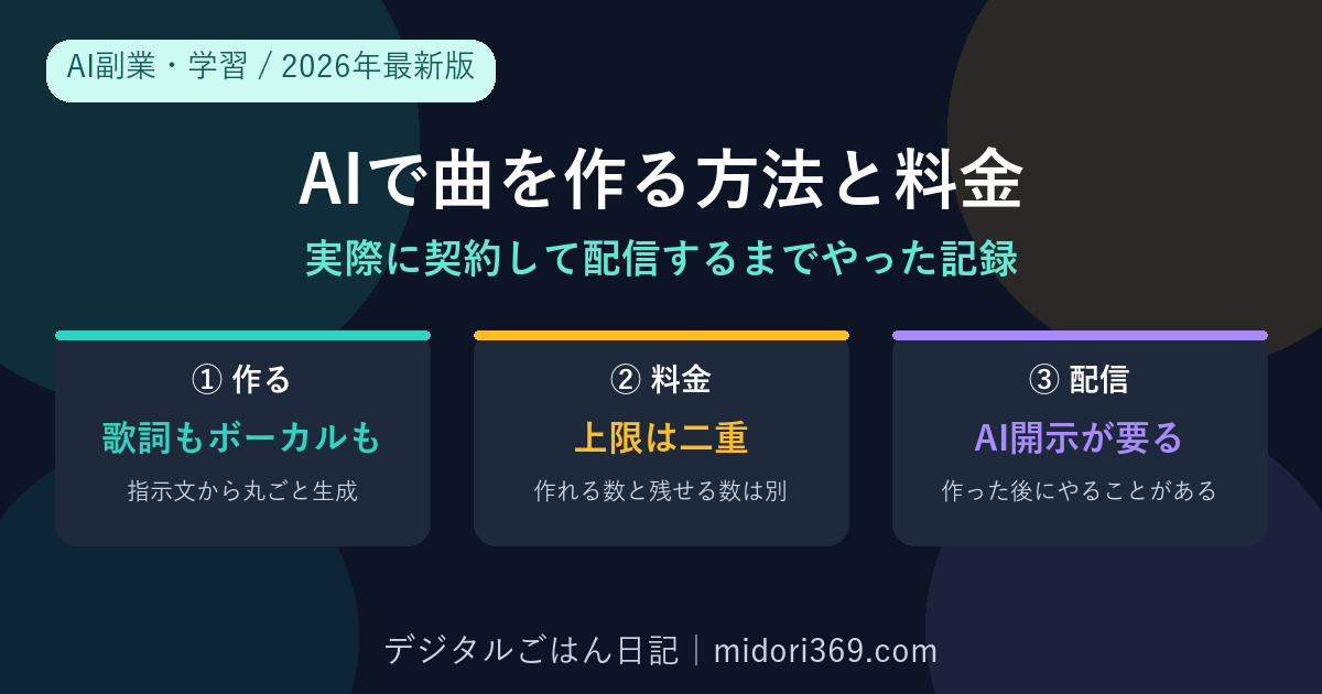 SunoなどのAI音楽生成で歌詞もボーカルも含めた曲を作る手順と、クレジットとダウンロード枠という二重の上限がある料金プラン、作った曲を配信するときにAI生成であることの開示申告が必要になることを初心者向けにまとめた2026年最新版の解説
